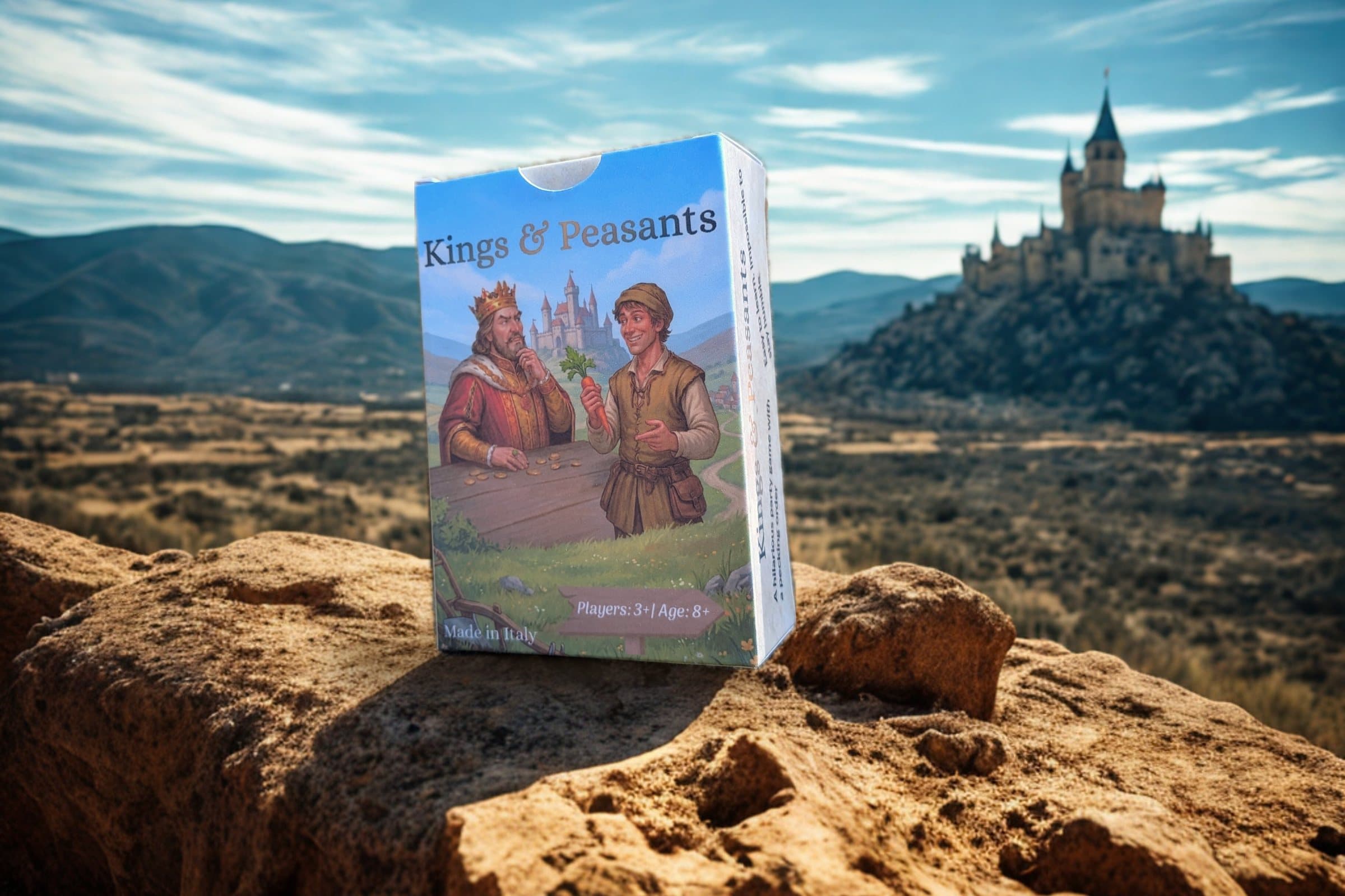 The Kings & Peasants box standing on a sunlit rock, a castle on a hill behind it