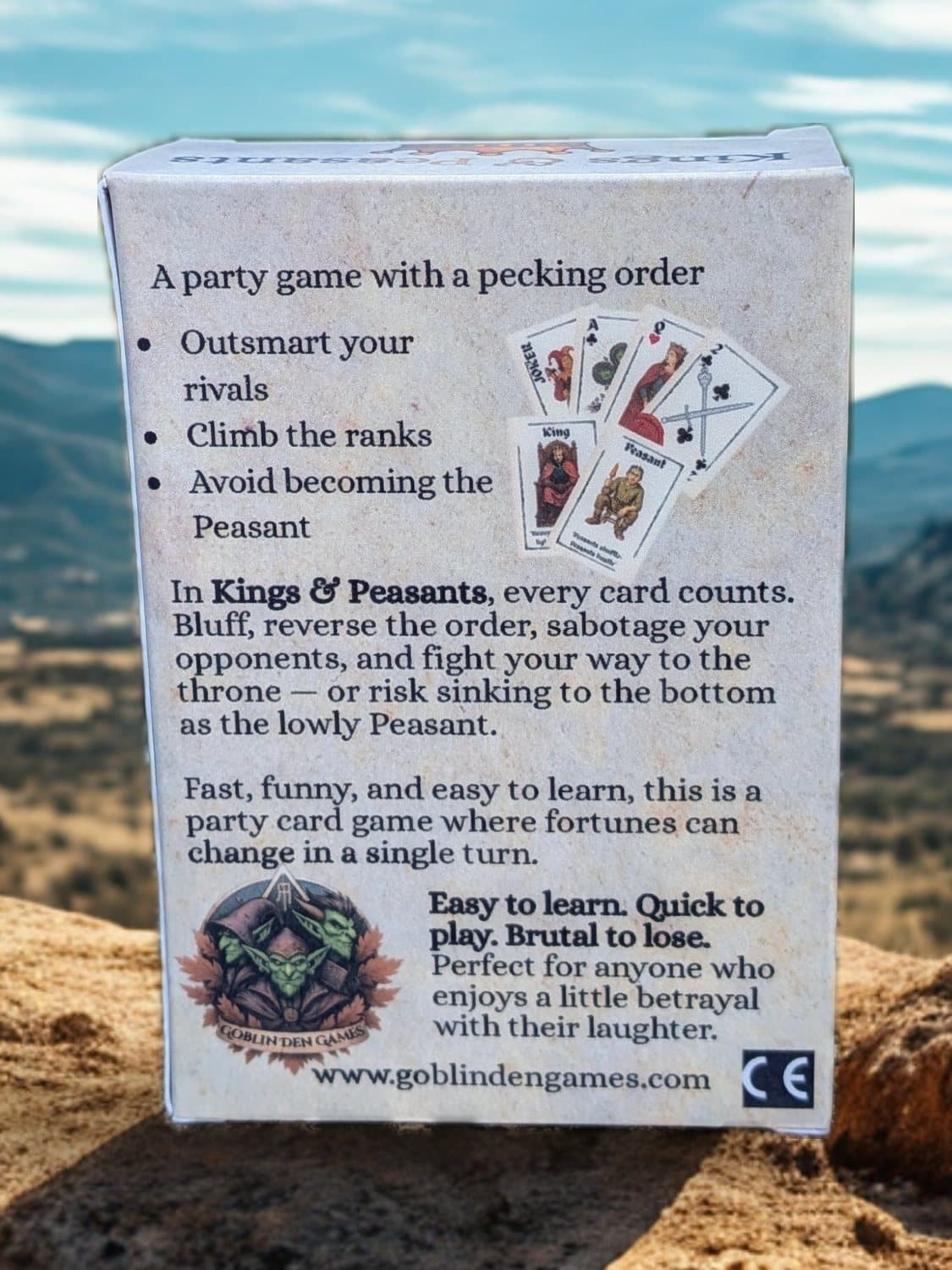 The back of the box: “A party game with a pecking order. Outsmart your rivals, climb the ranks, avoid becoming the Peasant.”
