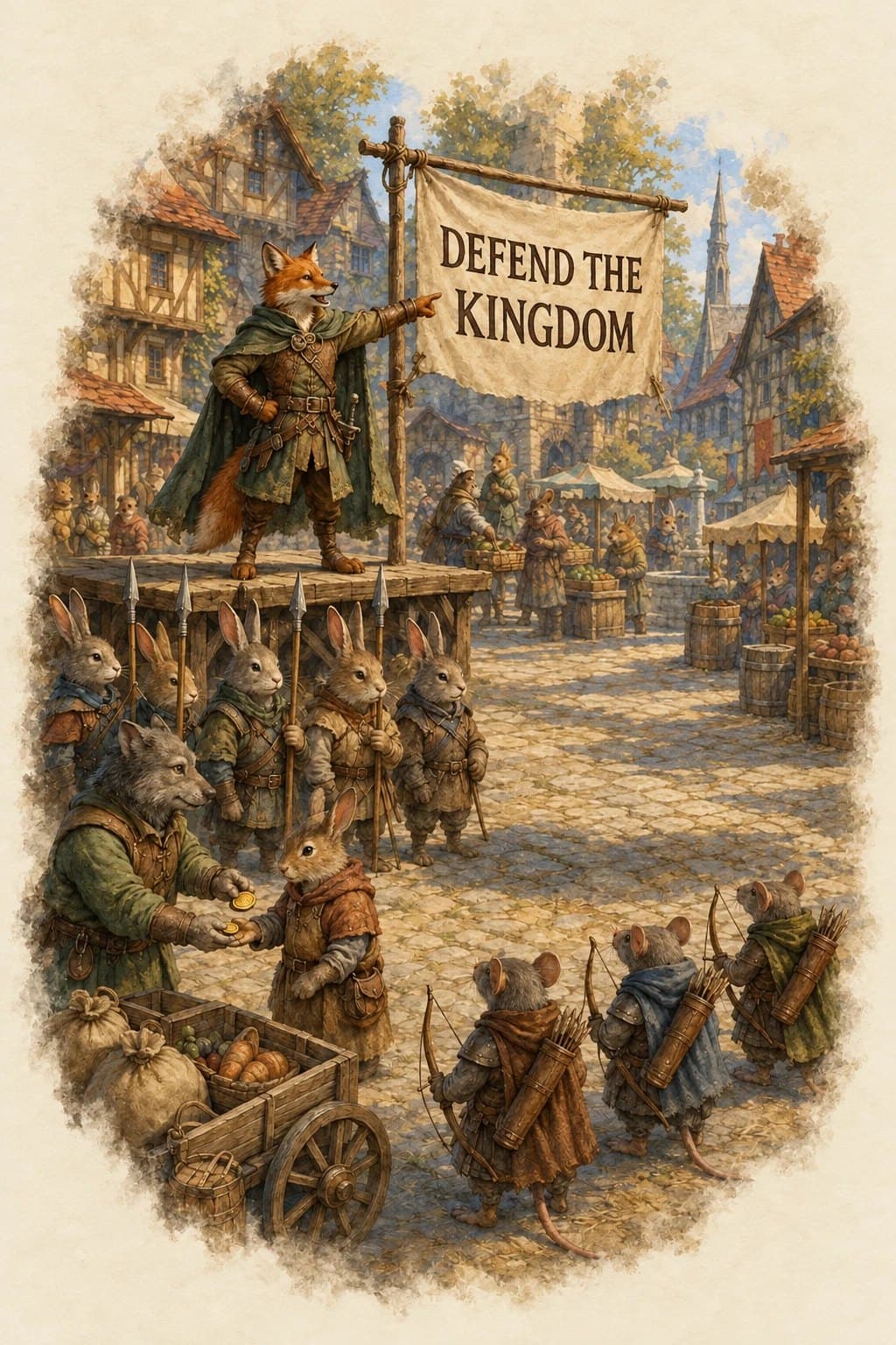 A fox captain on a platform beneath a Defend the Kingdom banner in a busy market square, rallying rabbit spearmen and mouse archers while a recruit is paid in gold