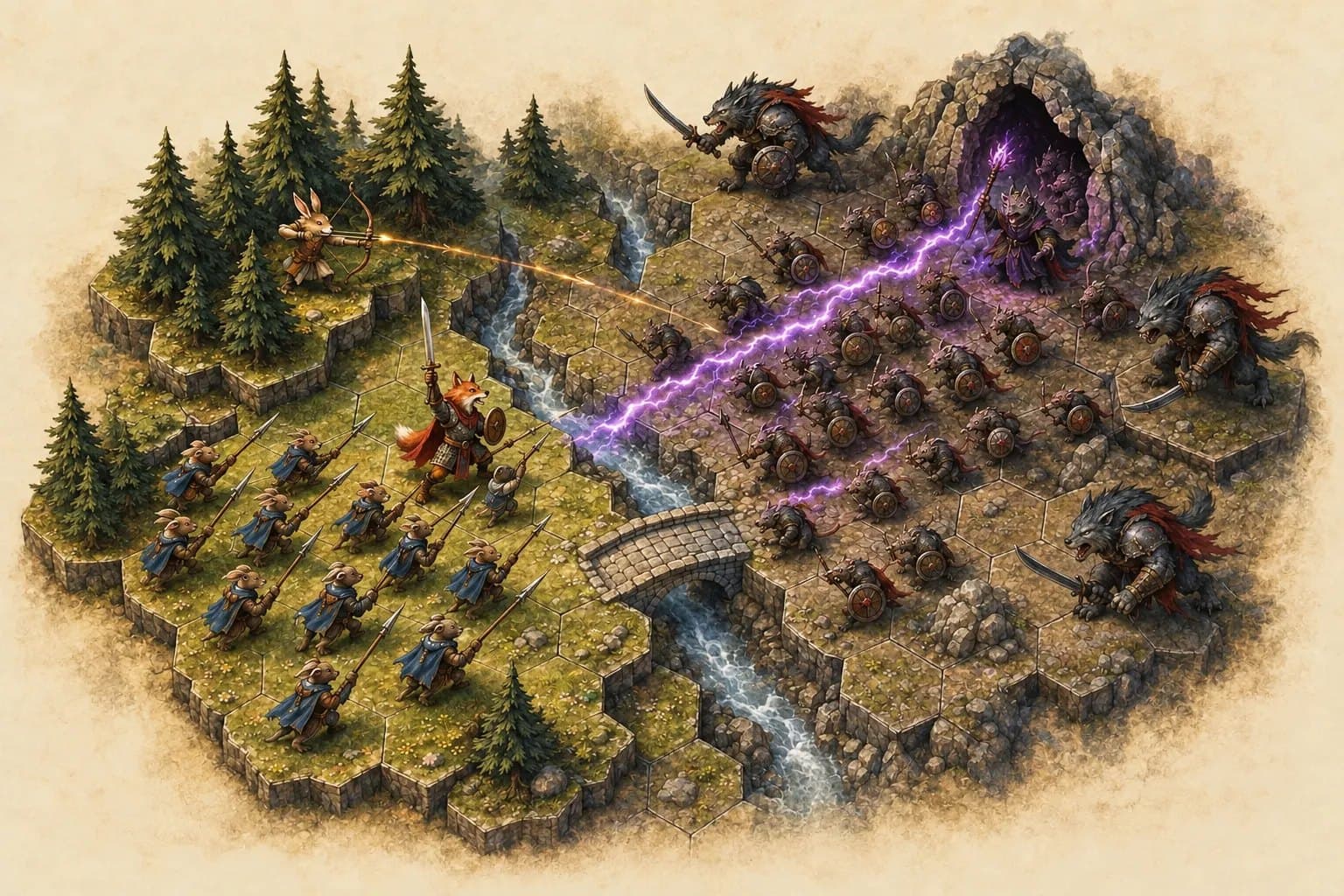 Mid-battle on a forest hex map: a fox hero, rabbit spearmen and a hare archer on one side, rats, wolves and a shaman pouring from a cave on the other, a river and stone bridge between them