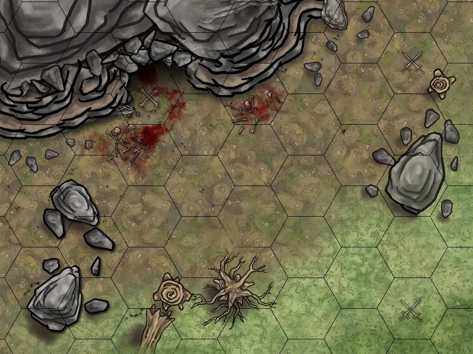 Top-down cave-mouth battle map with boulders on a hex grid