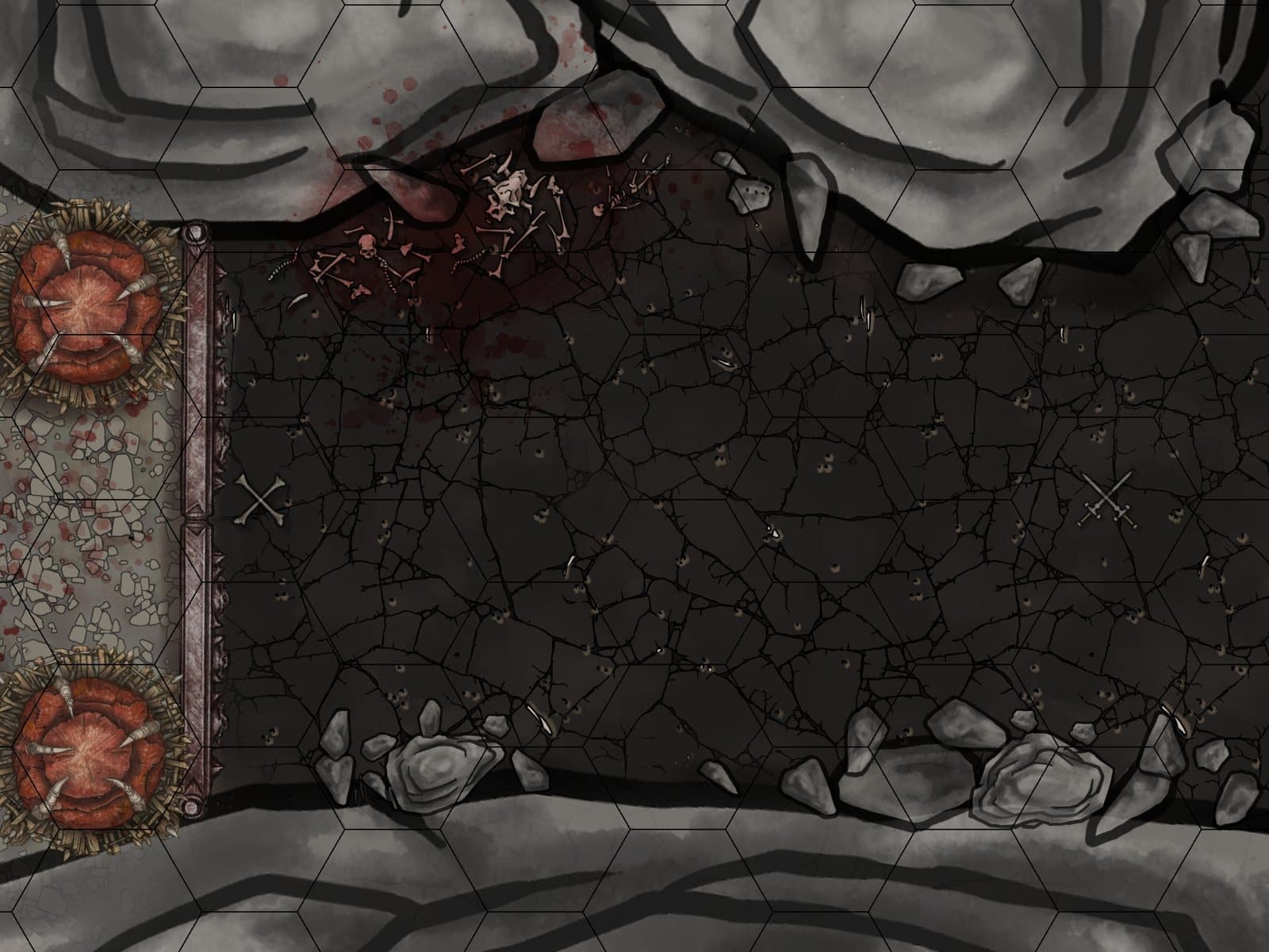 Top-down battle map of the dark keep of the Rat Castle on a hex grid