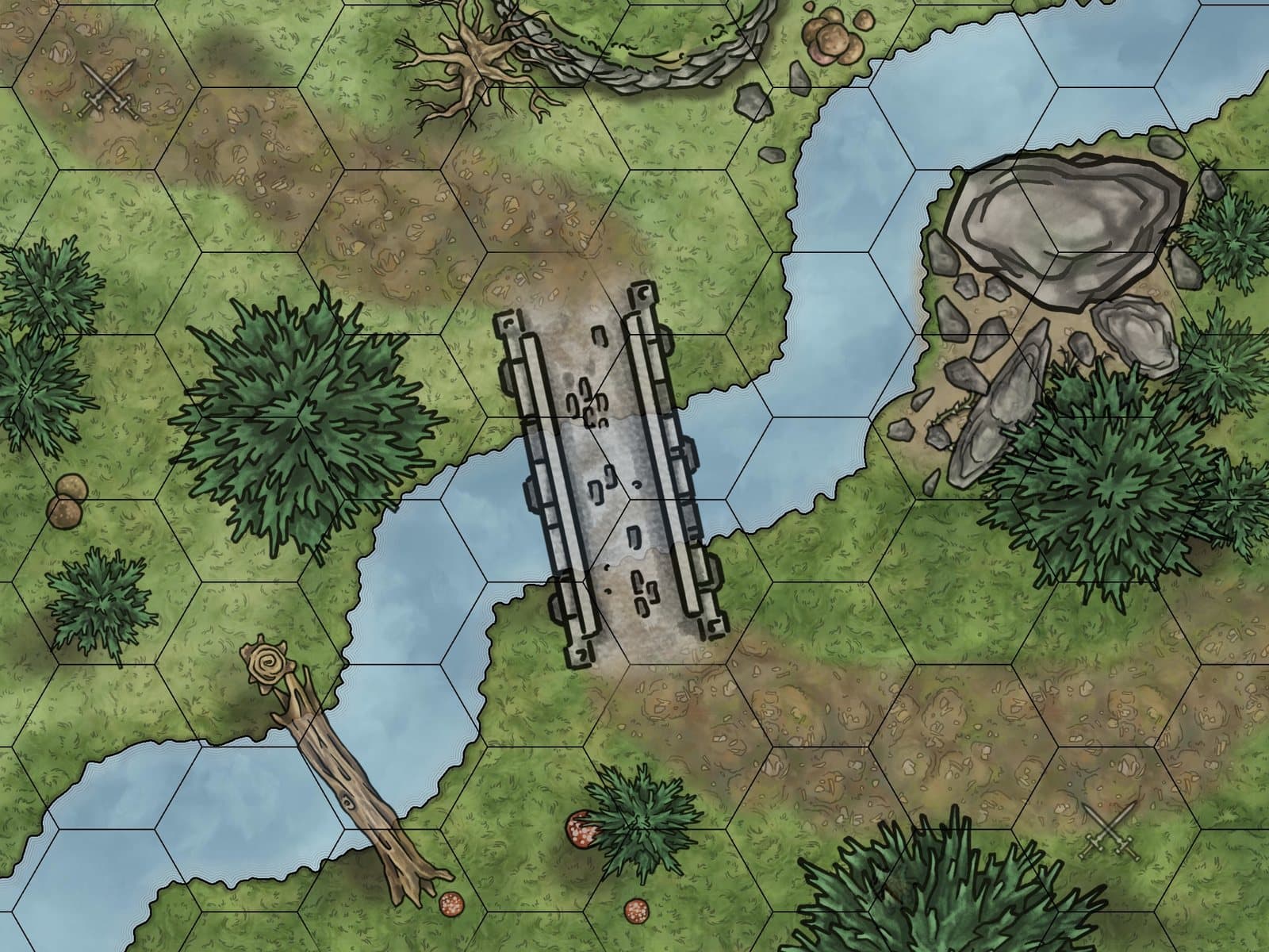 Top-down battle map with a river and a single wooden bridge on a hex grid