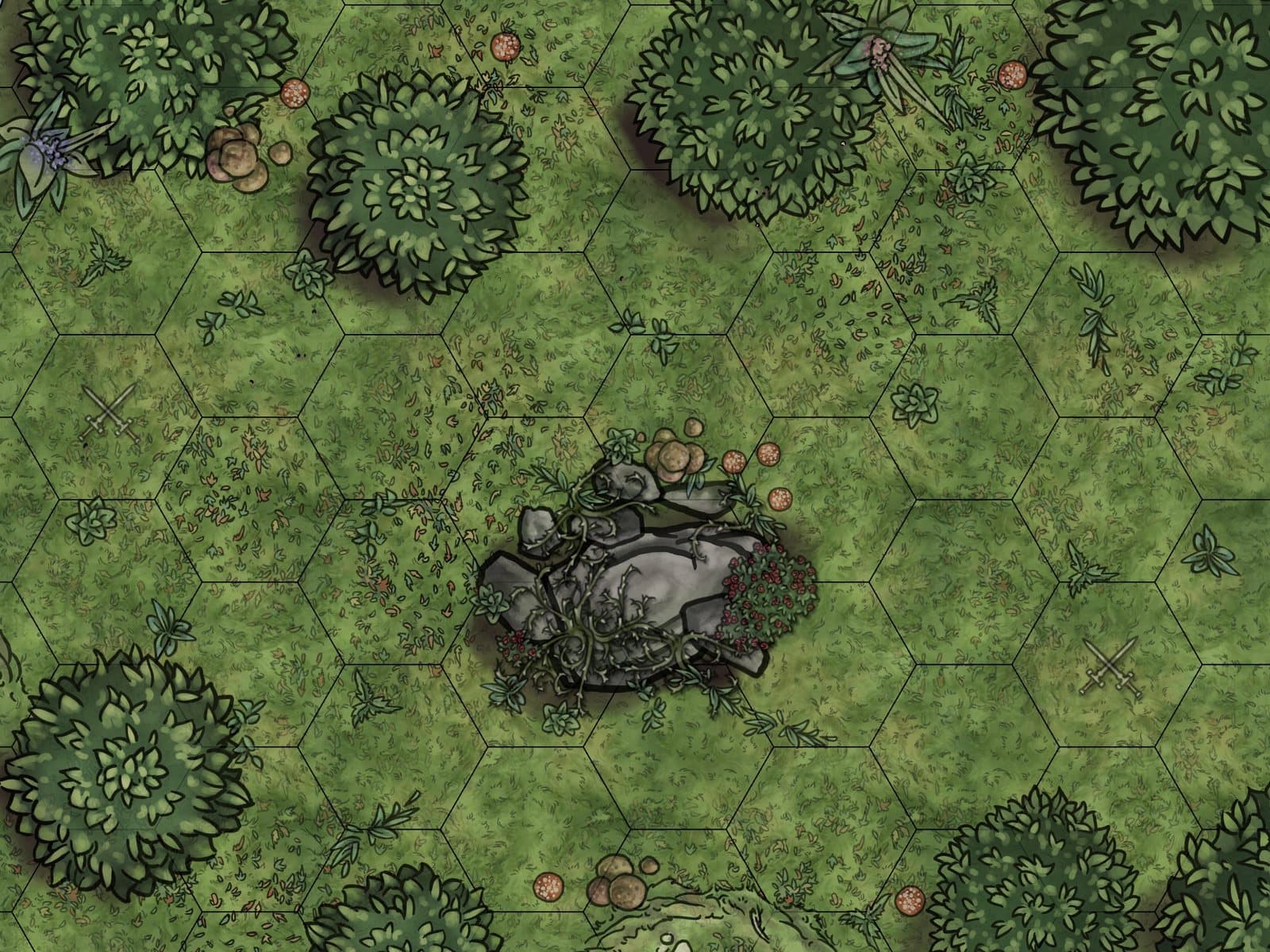 Top-down forest battle map on a hex grid, dense trees and a rocky outcrop