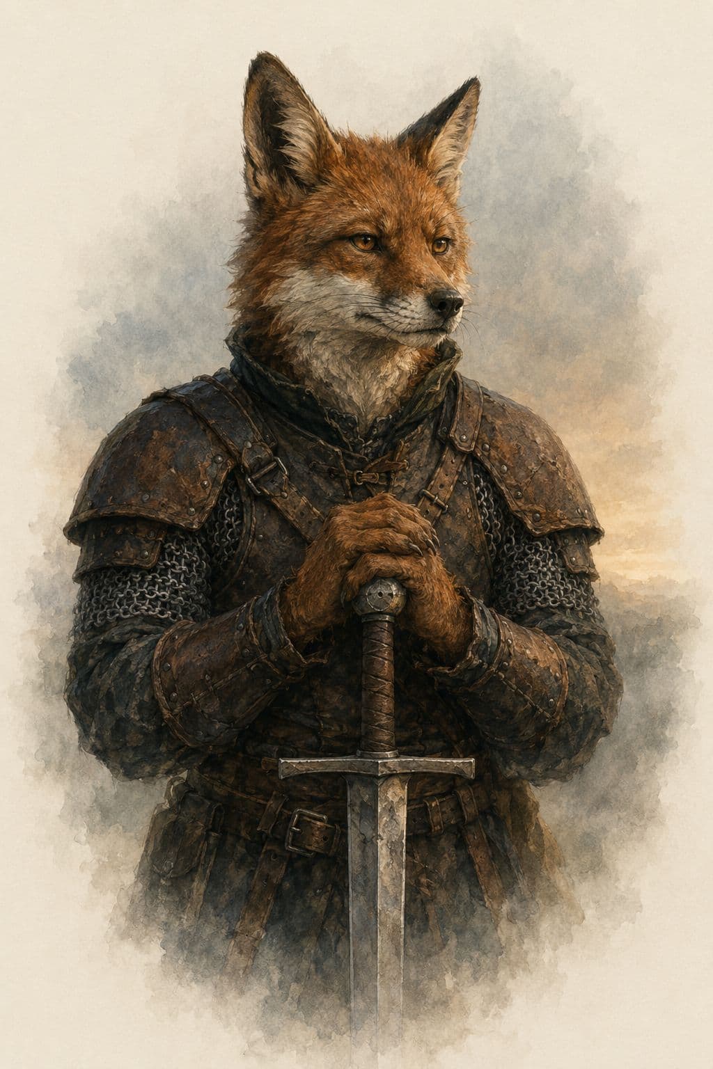Alden, a fox in mail and a worn leather coat, resting both paws on the pommel of a sword