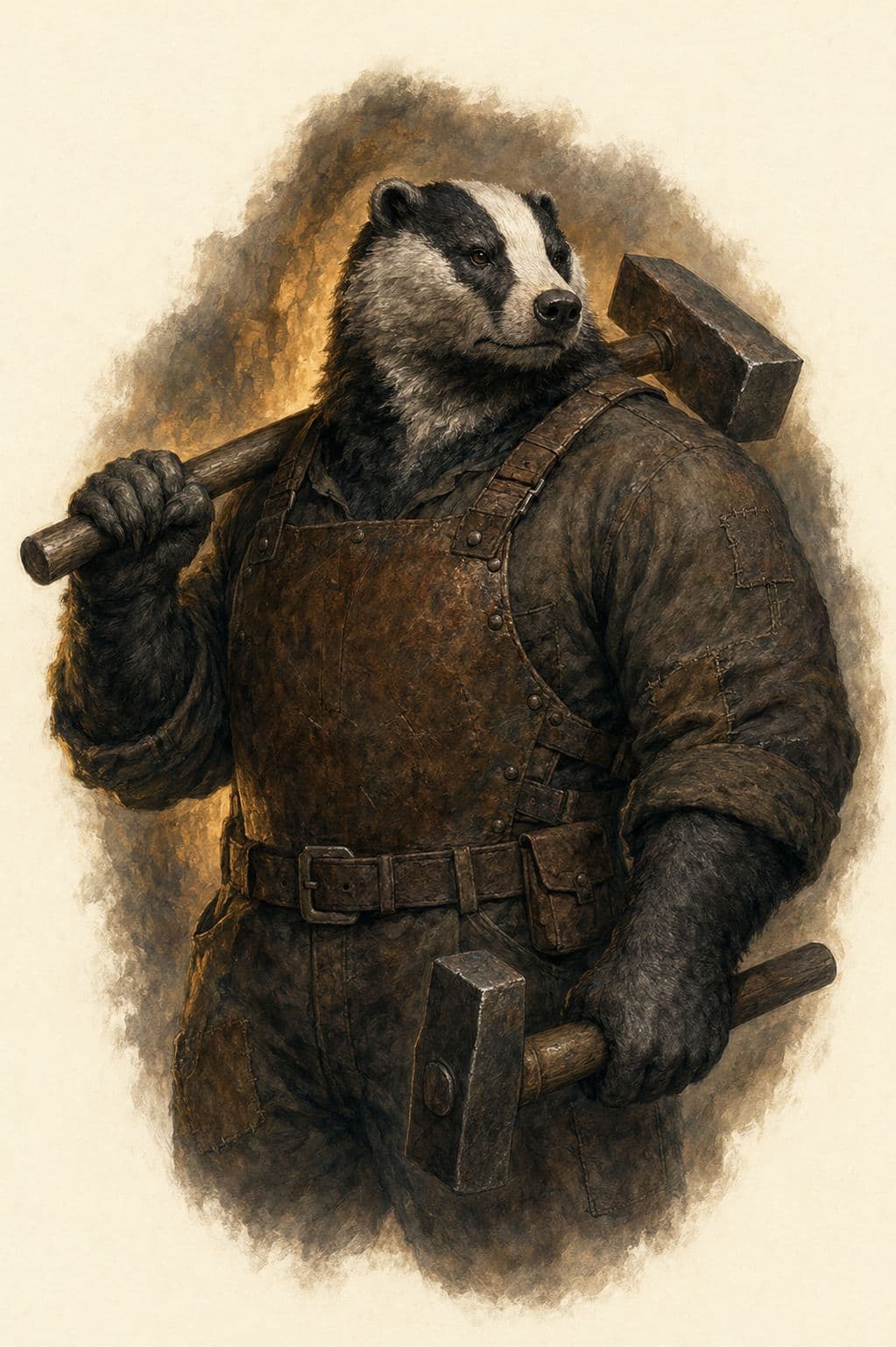 Brock, a broad badger in dark armour, a mining hammer over each shoulder