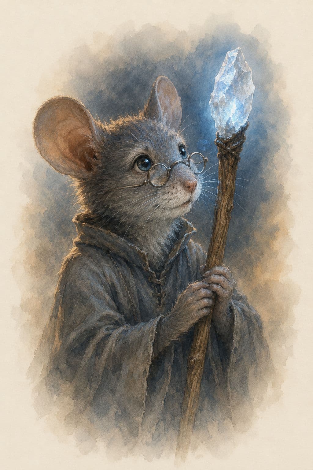 Ember, a small grey mouse in a scholar’s robe, holding a staff topped with a glowing crystal