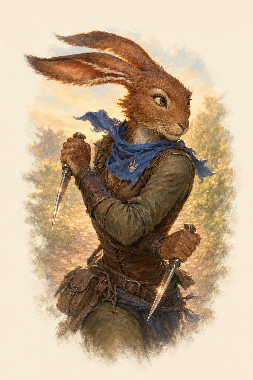Flick, a rust-brown rabbit with a blue kerchief, a dagger in each paw
