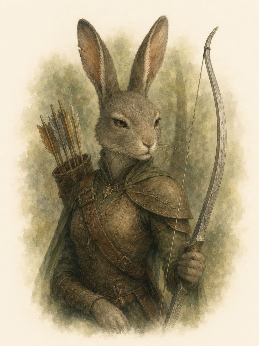 Pip, a grey rabbit in leather armour with a longbow and a quiver of arrows