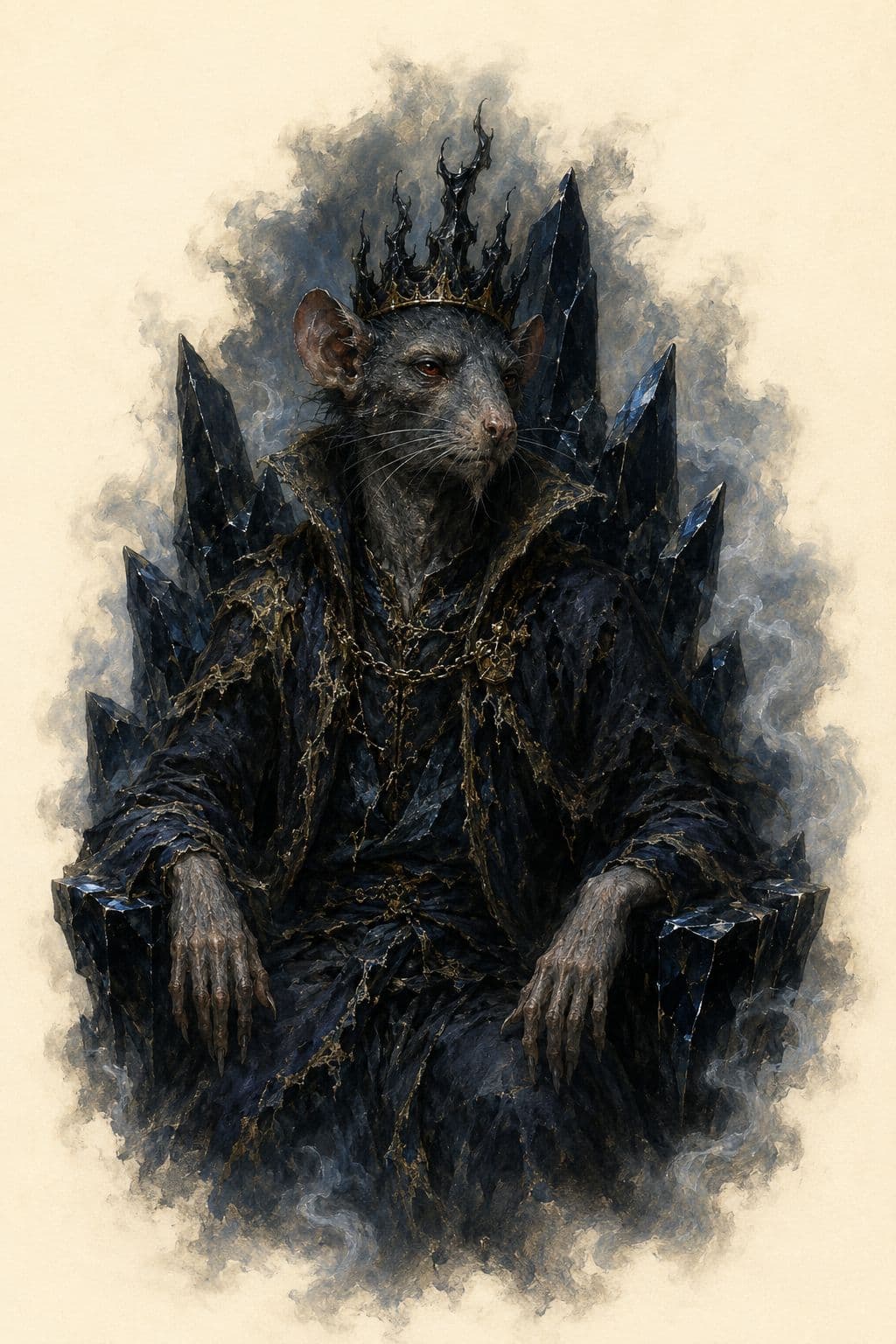 The Rat King on a throne of black stone, crowned and cloaked