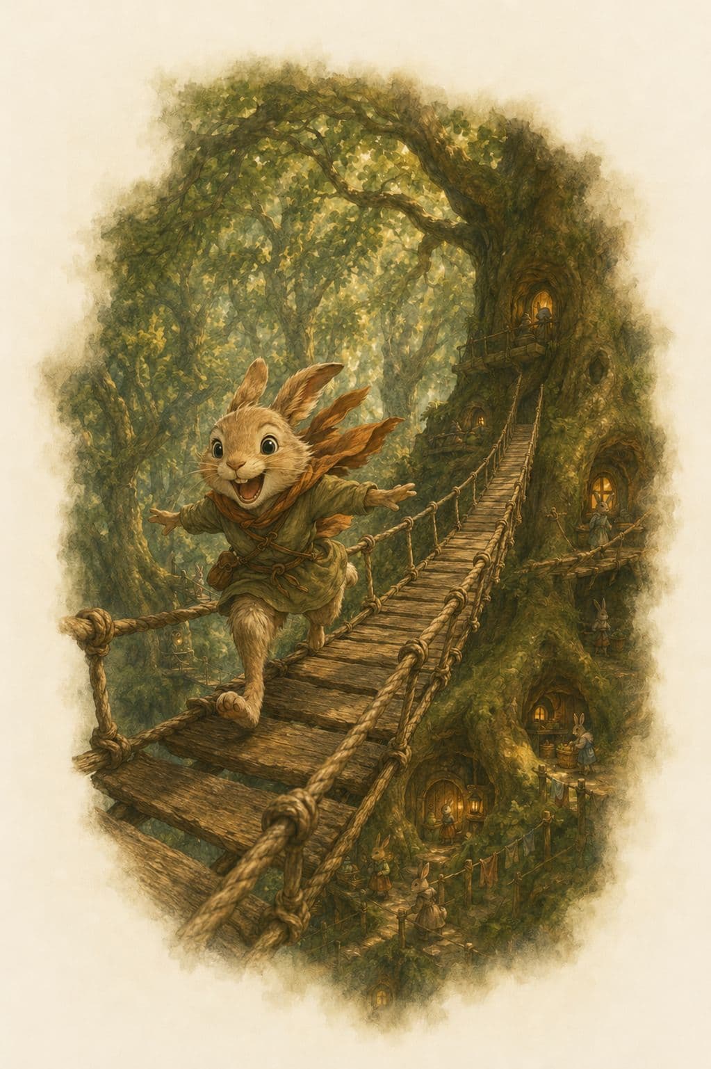 A young rabbit running along a rope bridge between the lit treetop homes of Briarhollow