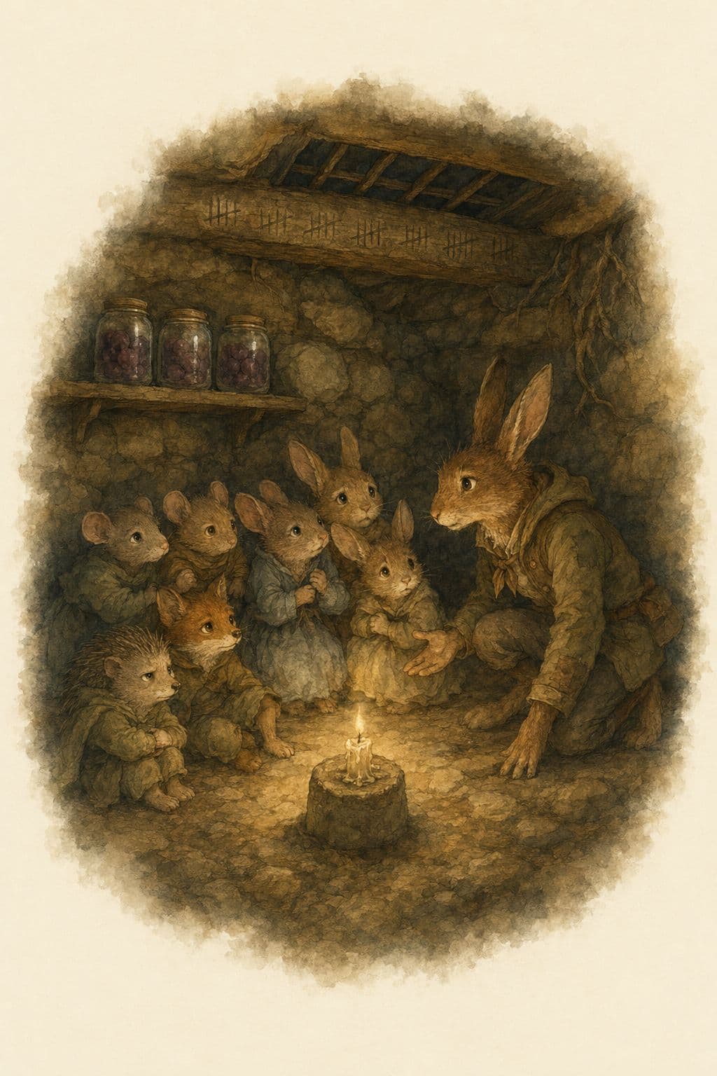 Mice, rabbits, a fox kit and a hedgehog huddled round a candle in a root cellar while a rabbit scout crouches beside them