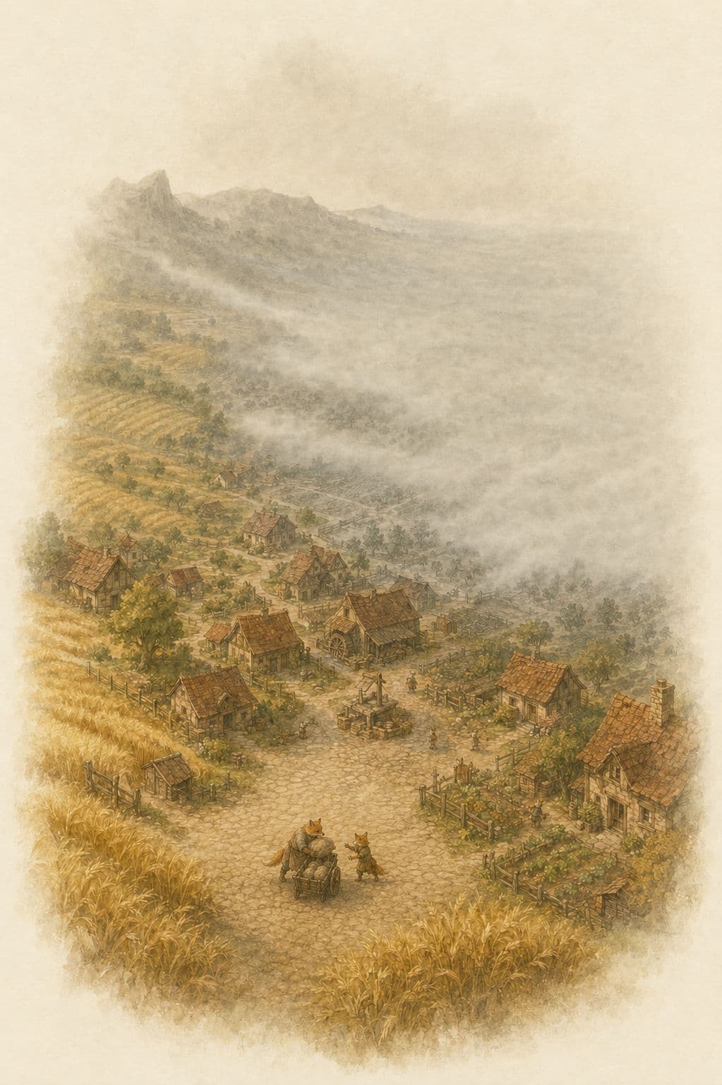 A wall of grey mist rolling down a ridge onto the wheat fields and rooftops of Millhaven