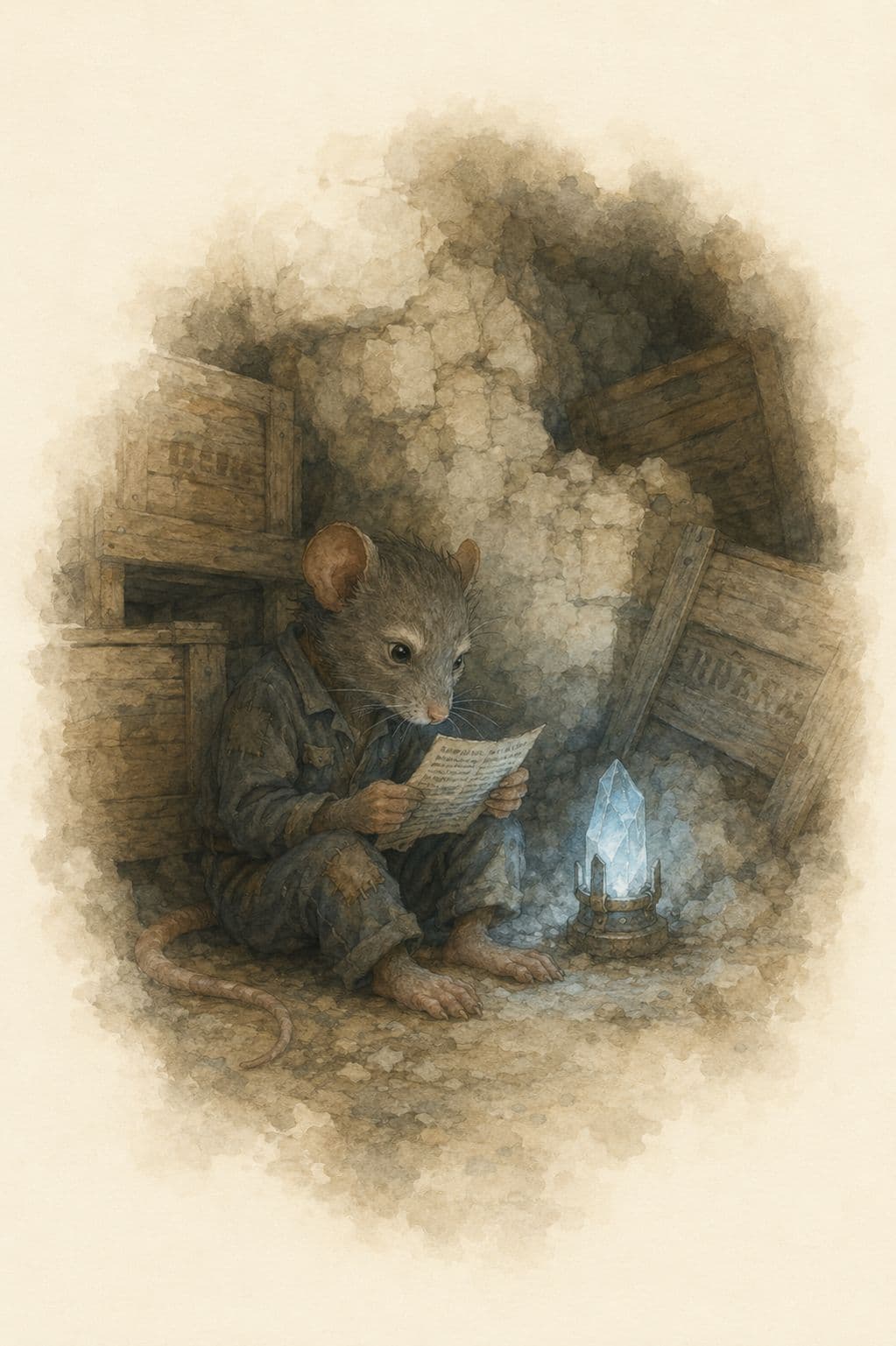 A young rat in a cramped tunnel reading a letter by the light of a crystal lamp