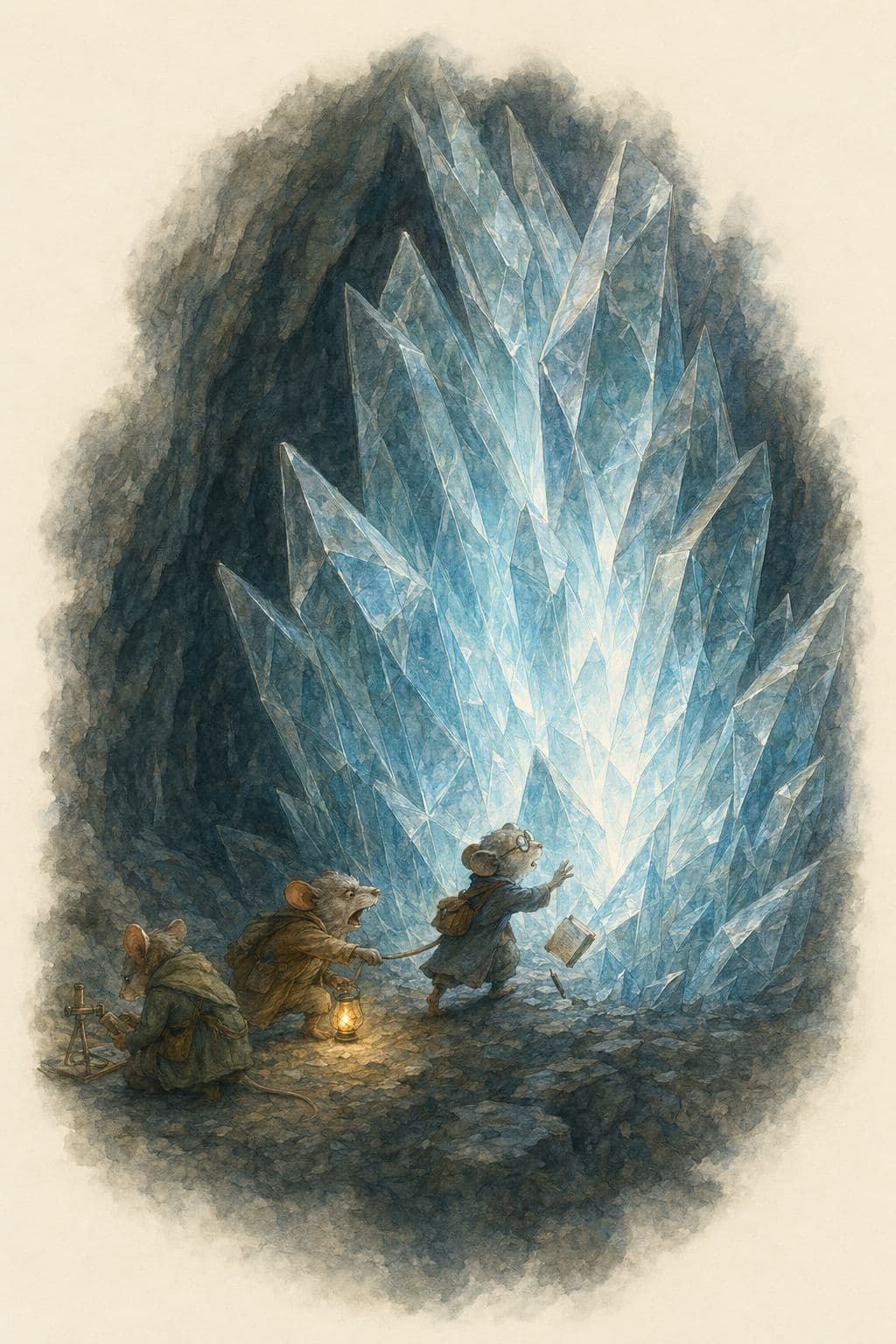 Three mice with a lantern approaching a towering formation of glowing crystal shards deep underground