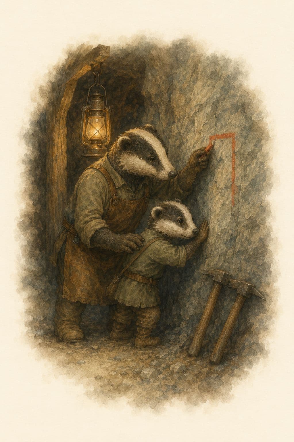 A young badger with his ear to a tunnel wall while his father chalks a mark on the stone