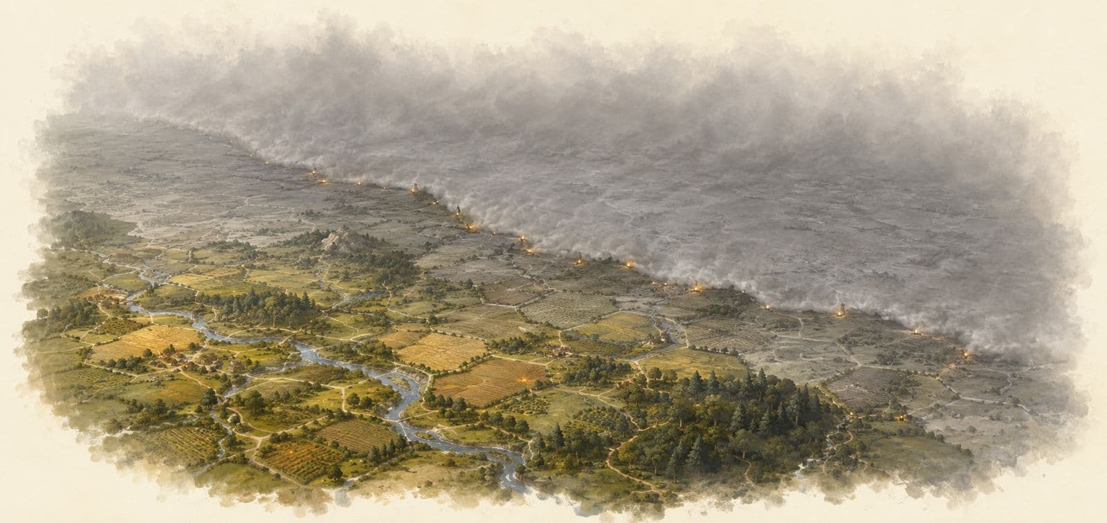 A wall of grey mist rolling in over a patchwork of farms, rivers and woods