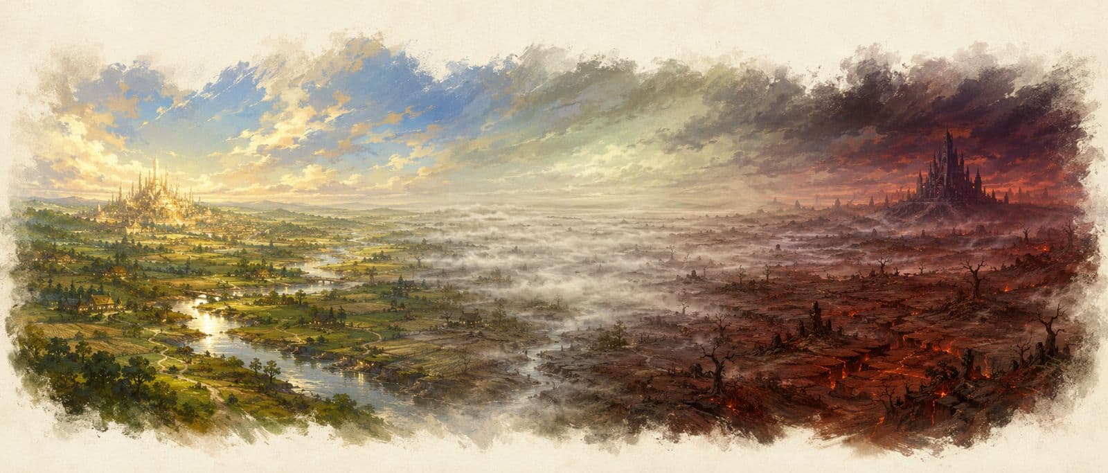 A panorama of the kingdom: green farmland and a golden city on the left, giving way to mist, red wasteland and a dark castle on the right