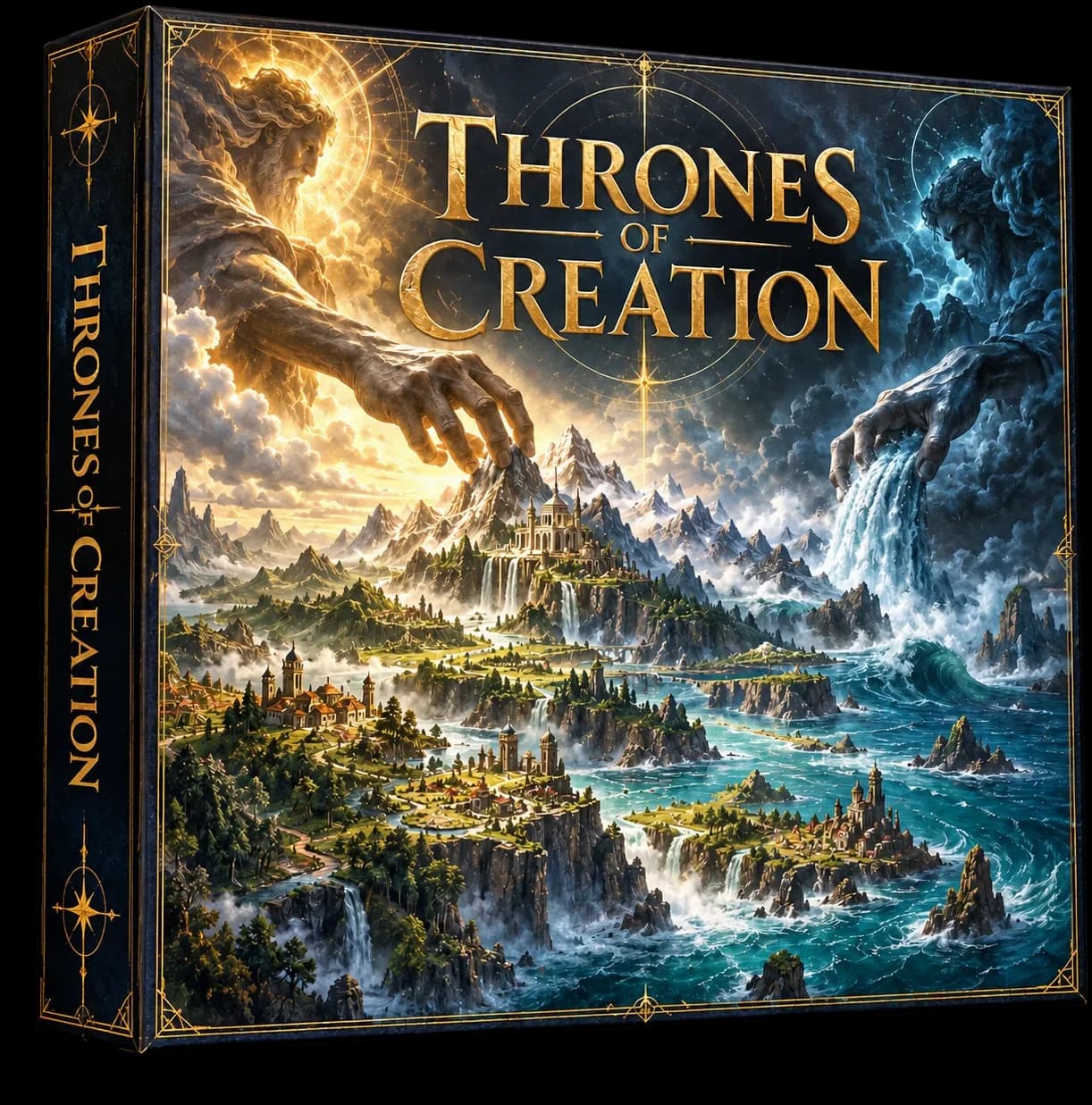 The Thrones of Creation box: two vast gods, one of gold light and one of storm, reaching down to shape a world of mountains, waterfalls and sea